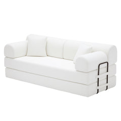 Convertible Sleeper Sofa Bed with Cylindrical Pillow, Corduroy Folding Mattress Couch with Fixed-Shape Frame, Floor Sofa Lounge Couch for Living Room Bedroom(Beige)