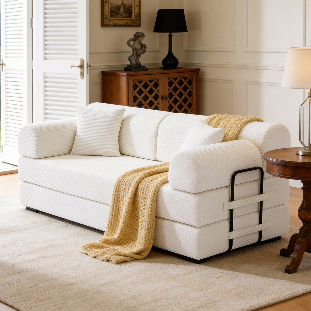 Convertible Sleeper Sofa Bed with Cylindrical Pillow, Corduroy Folding Mattress Couch with Fixed-Shape Frame, Floor Sofa Lounge Couch for Living Room Bedroom(Beige)