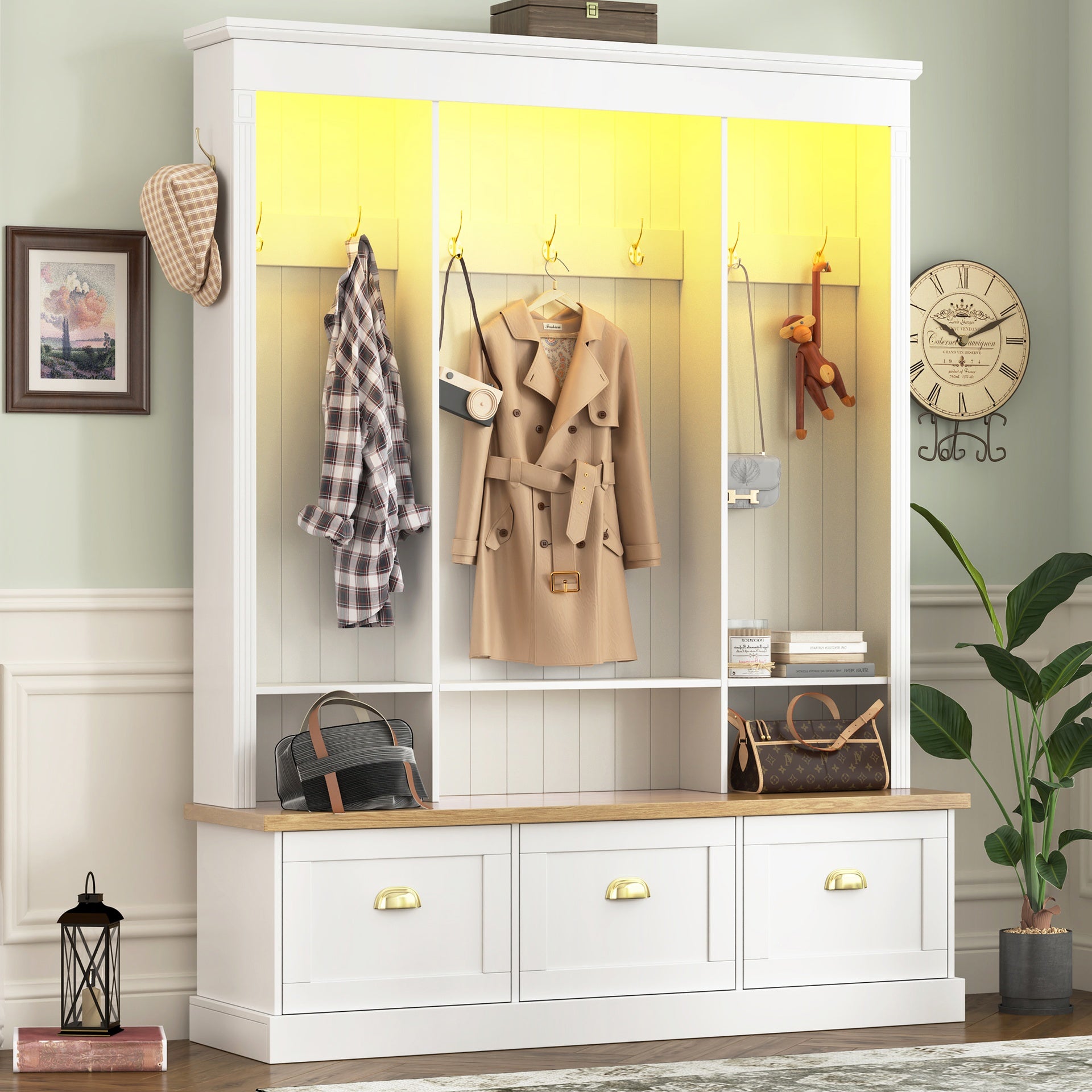 [Assembly Video] Elegant APP Controlled LED Light Hall Tree with 9 Hooks, Roman Column Design Natural Storage Bench with 3 Large Cabinets, Farmhouse Entryway Organizer with Shelves for Hallway, White