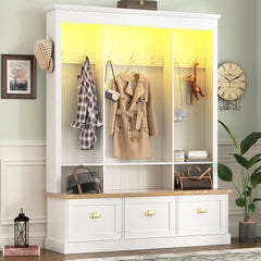[Assembly Video] Elegant APP Controlled LED Light Hall Tree with 9 Hooks, Roman Column Design Natural Storage Bench with 3 Large Cabinets, Farmhouse Entryway Organizer with Shelves for Hallway, White