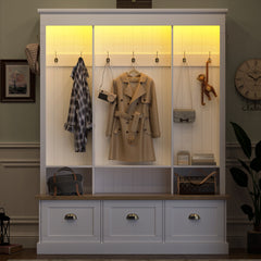 [Assembly Video] Elegant APP Controlled LED Light Hall Tree with 9 Hooks, Roman Column Design Natural Storage Bench with 3 Large Cabinets, Farmhouse Entryway Organizer with Shelves for Hallway, White