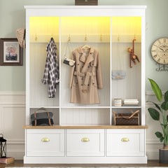 [Assembly Video] Elegant APP Controlled LED Light Hall Tree with 9 Hooks, Roman Column Design Natural Storage Bench with 3 Large Cabinets, Farmhouse Entryway Organizer with Shelves for Hallway, White