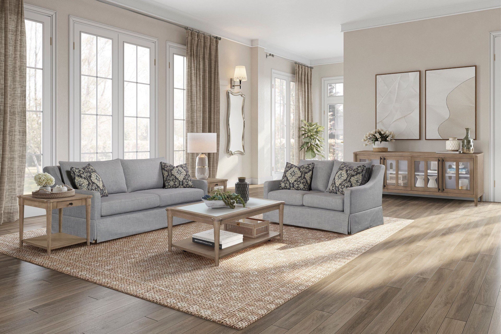 Sofa with Skirt and Reversable Cushions and 2 Pillows