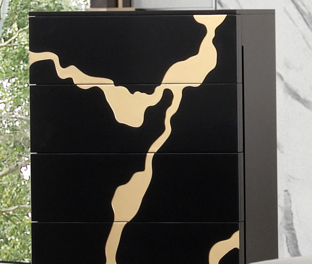 Contemporary Style 1pc Chest 5-English Dovetail Drawers Gold Painted Pattern Ball Bearing Glides Black And Gold Finish