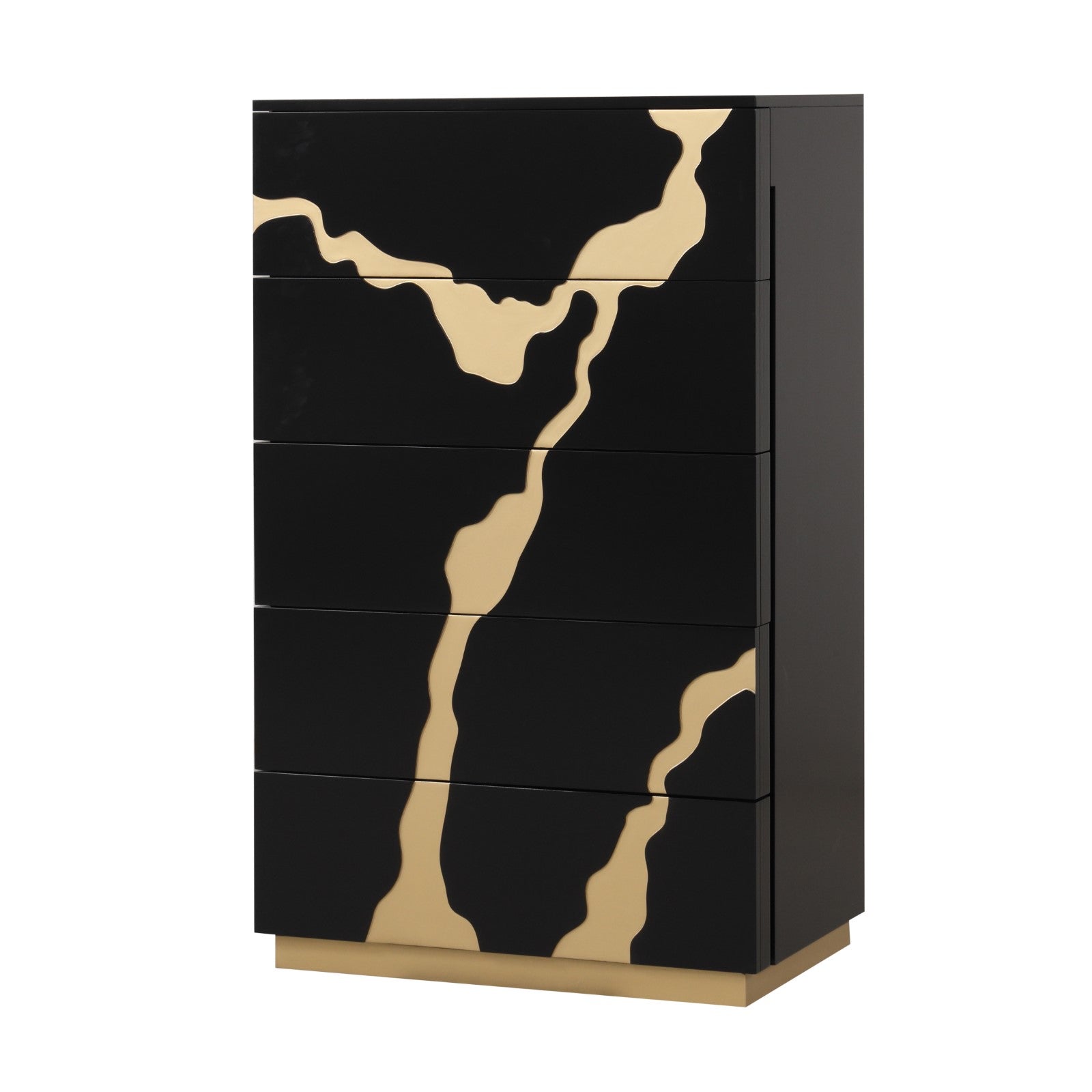 Contemporary Style 1pc Chest 5-English Dovetail Drawers Gold Painted Pattern Ball Bearing Glides Black And Gold Finish