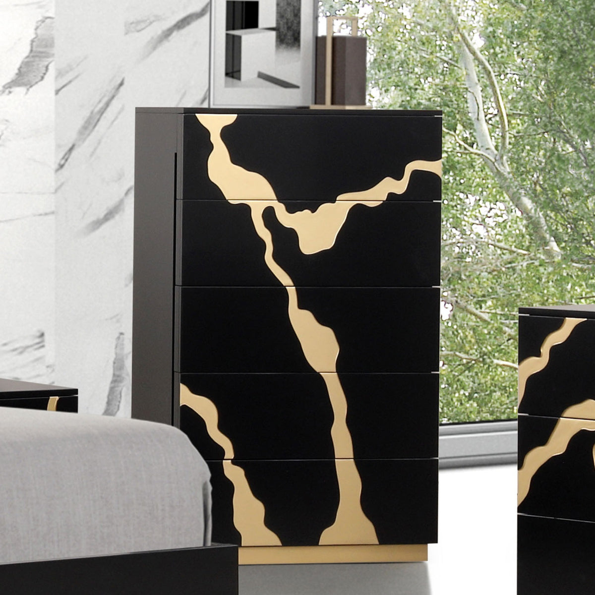 Contemporary Style 1pc Chest 5-English Dovetail Drawers Gold Painted Pattern Ball Bearing Glides Black And Gold Finish