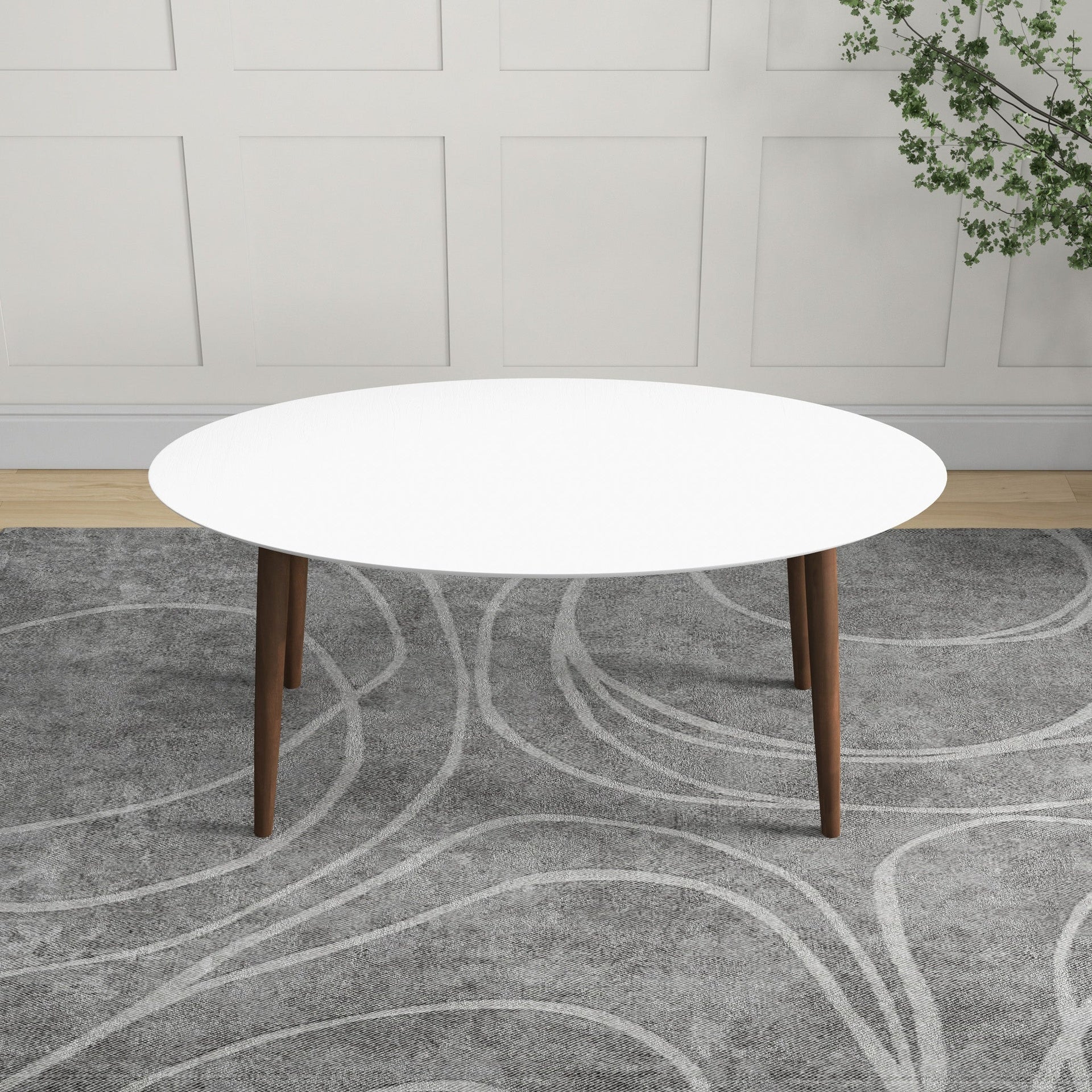 Ada Mid Century Modern Style Solid Wood Dining Table with White Top - Oval Design, Brown and White Finish 29.7"H x 35.4"D x 66.9"W