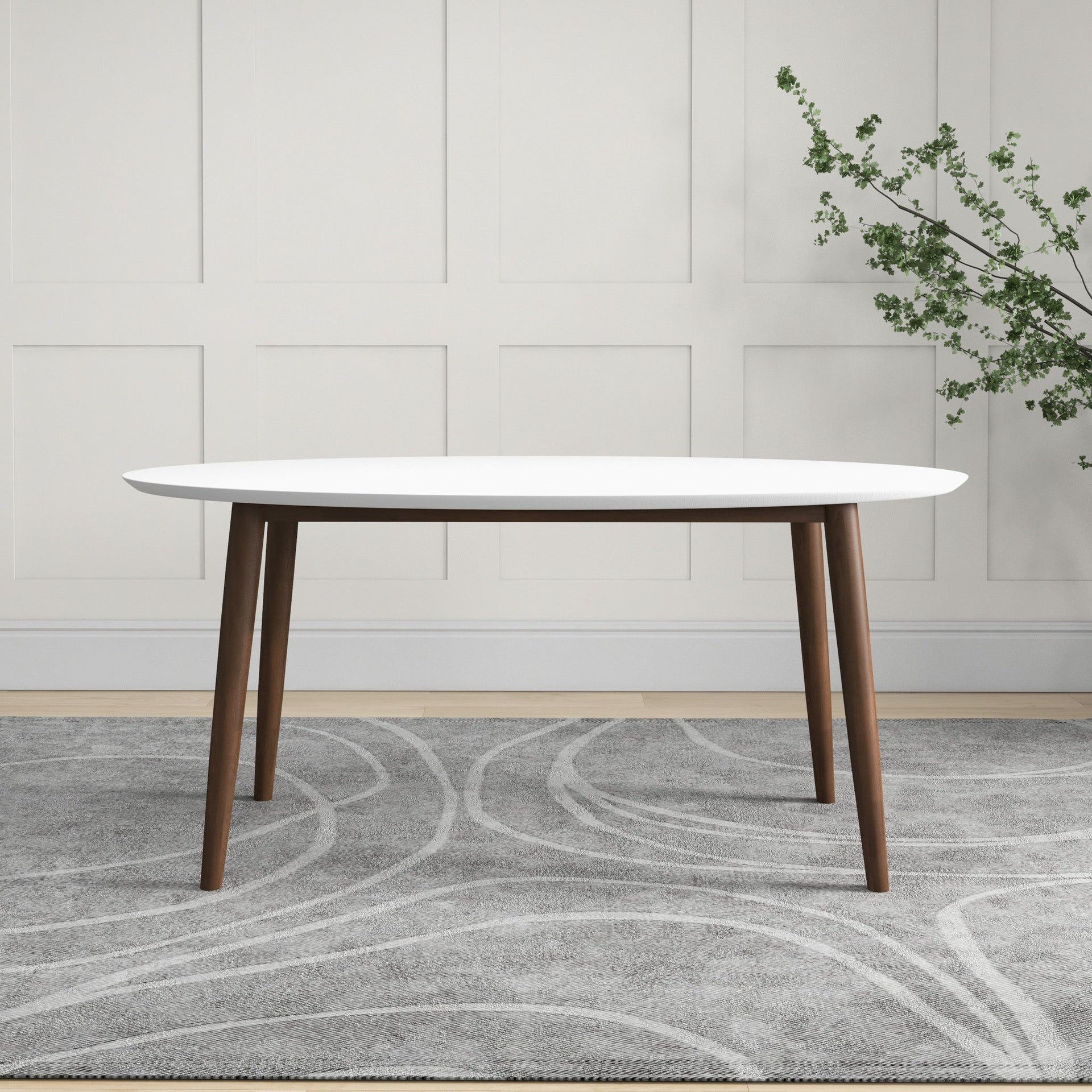 Ada Mid Century Modern Style Solid Wood Dining Table with White Top - Oval Design, Brown and White Finish 29.7"H x 35.4"D x 66.9"W