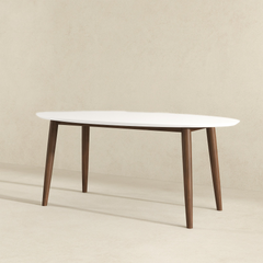 Ada Mid Century Modern Style Solid Wood Dining Table with White Top - Oval Design, Brown and White Finish 29.7"H x 35.4"D x 66.9"W