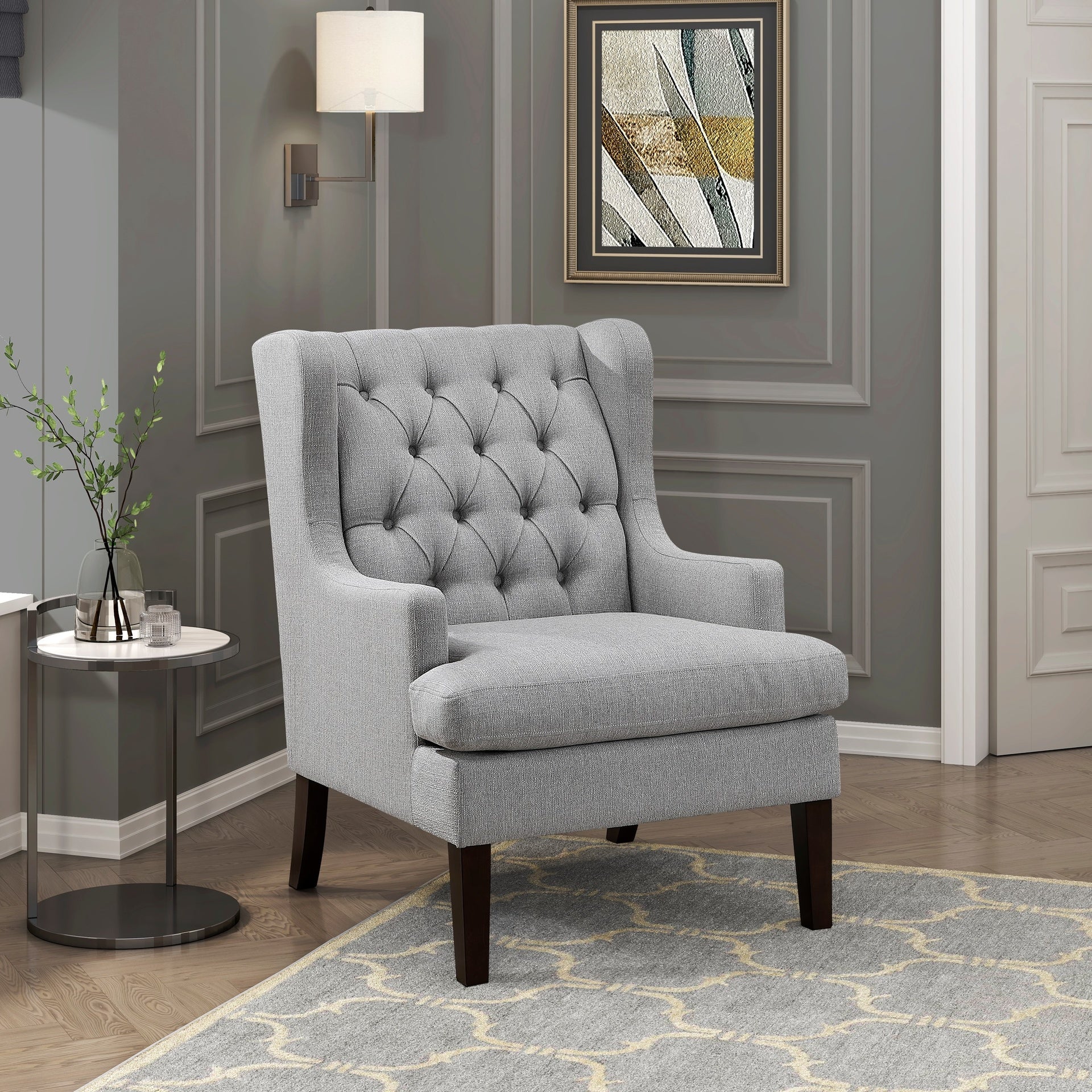 1pc Accent Chair Button-Tufted Gray Fabric Upholstery Foam Cushion Seat Living Room Furniture