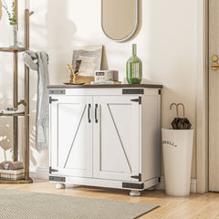HOMCOM Modern Farmhouse Sideboard, Buffet Cabinet with Barn Style Door and Adjustable Shelf, Kitchen Storage Cabinet with Wood Legs, Distressed White and Brown