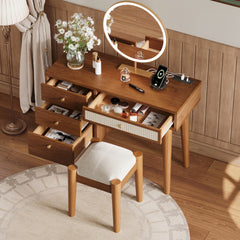 39 inch  Retro Bohemian Style Wooden Makeup Vanity Set with Charging Plug&USB Port and Stool, Dressing Table with 3 Storage Drawers and 1 Rectangular Rattan Drawer, Walnut
