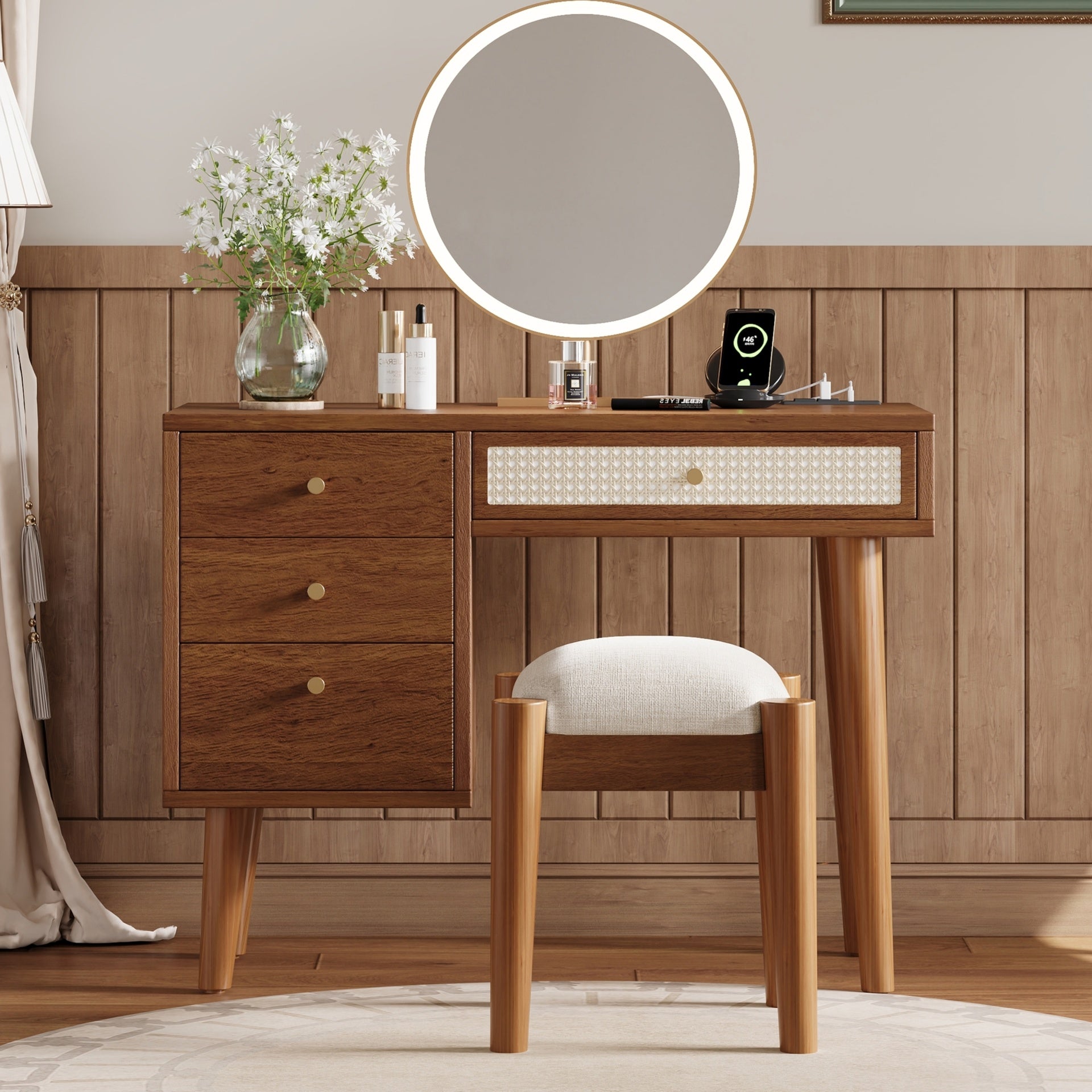 39 inch  Retro Bohemian Style Wooden Makeup Vanity Set with Charging Plug&USB Port and Stool, Dressing Table with 3 Storage Drawers and 1 Rectangular Rattan Drawer, Walnut