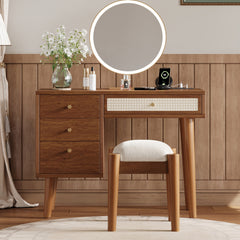 39 inch  Retro Bohemian Style Wooden Makeup Vanity Set with Charging Plug&USB Port and Stool, Dressing Table with 3 Storage Drawers and 1 Rectangular Rattan Drawer, Walnut