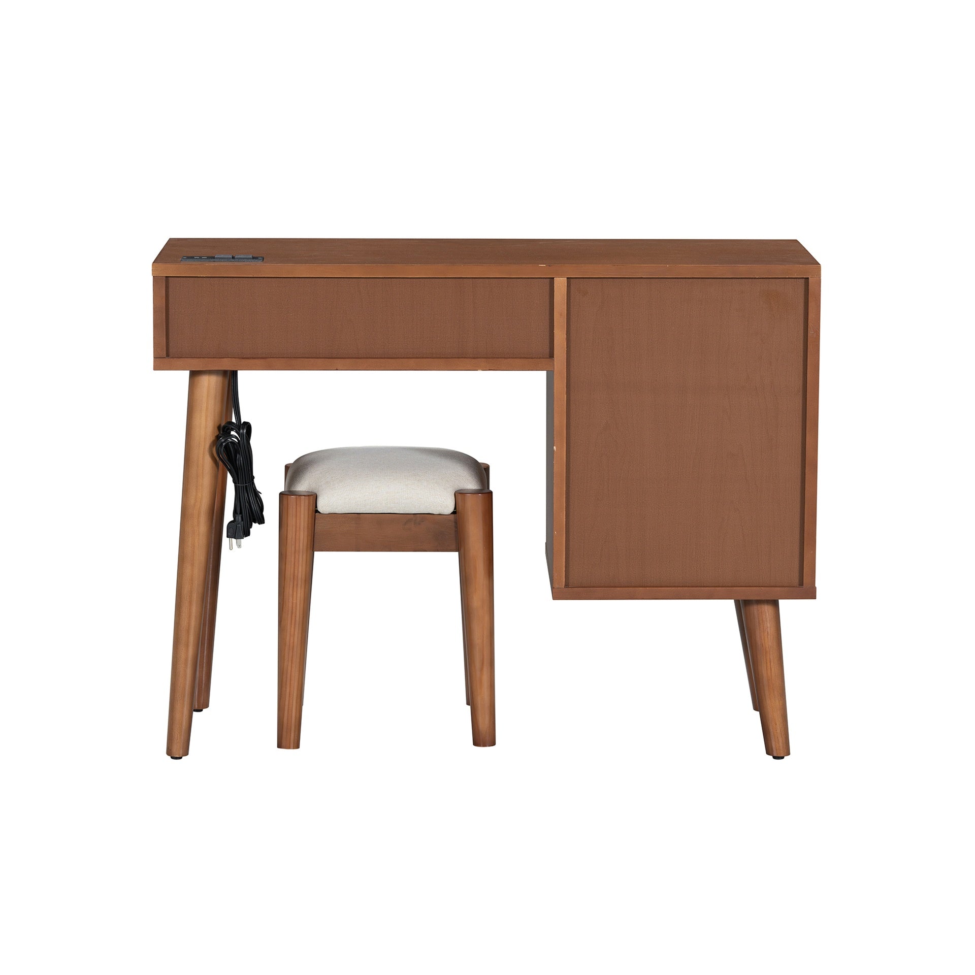 39 inch  Retro Bohemian Style Wooden Makeup Vanity Set with Charging Plug&USB Port and Stool, Dressing Table with 3 Storage Drawers and 1 Rectangular Rattan Drawer, Walnut