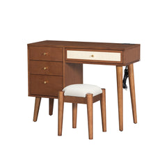 39 inch  Retro Bohemian Style Wooden Makeup Vanity Set with Charging Plug&USB Port and Stool, Dressing Table with 3 Storage Drawers and 1 Rectangular Rattan Drawer, Walnut