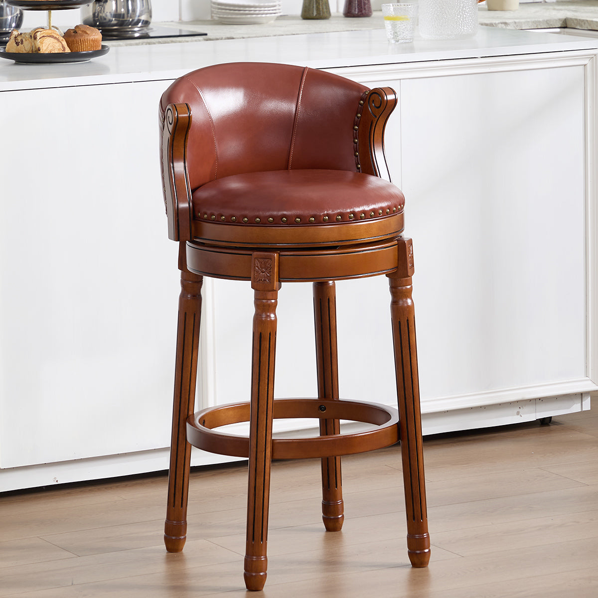 Cow top Leather Wooden Bar Stools, 360 Degree Swivel Bar Chair with Backs,Bar height Couner Height Barstools  for Home Kitchen Dining Room and Bar Room(brown 1pc)
