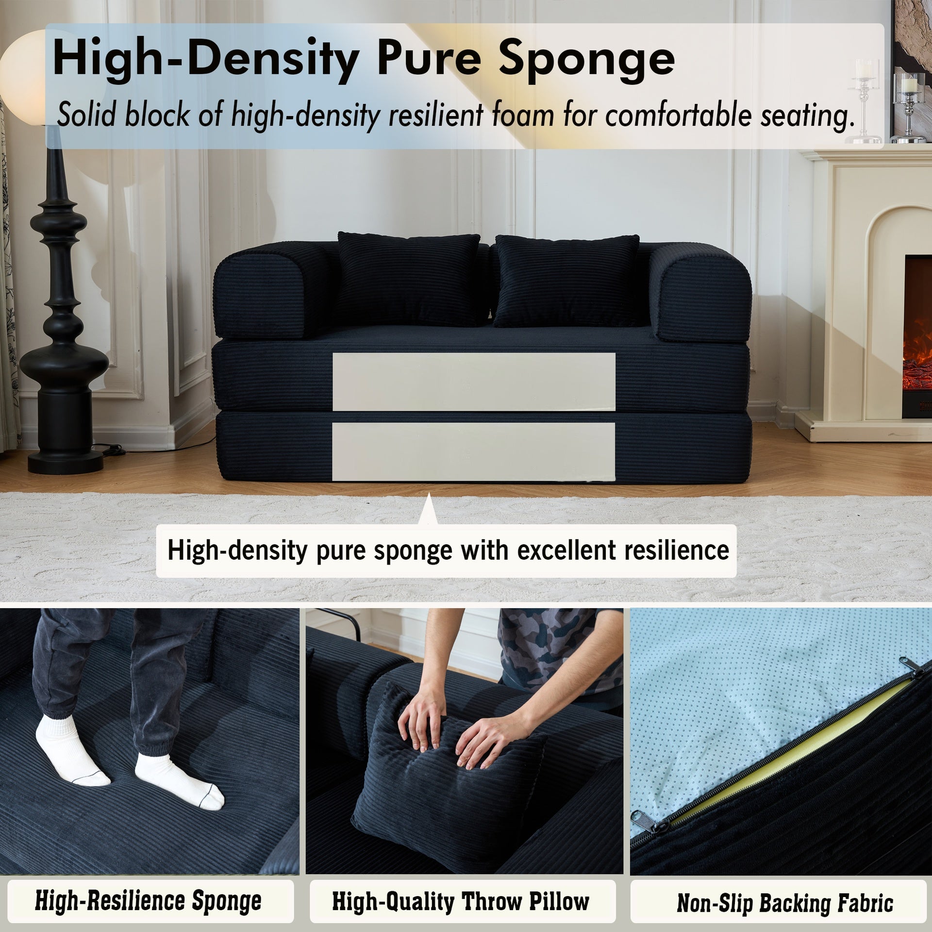 59'' Convertible Sleeper Sofa Bed with Cylindrical Pillow, Corduroy Folding Mattress Couch with Fixed-Shape Frame, Floor Sofa Lounge Couch for Living Room Bedroom (Black)