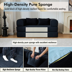 59'' Convertible Sleeper Sofa Bed with Cylindrical Pillow, Corduroy Folding Mattress Couch with Fixed-Shape Frame, Floor Sofa Lounge Couch for Living Room Bedroom (Black)