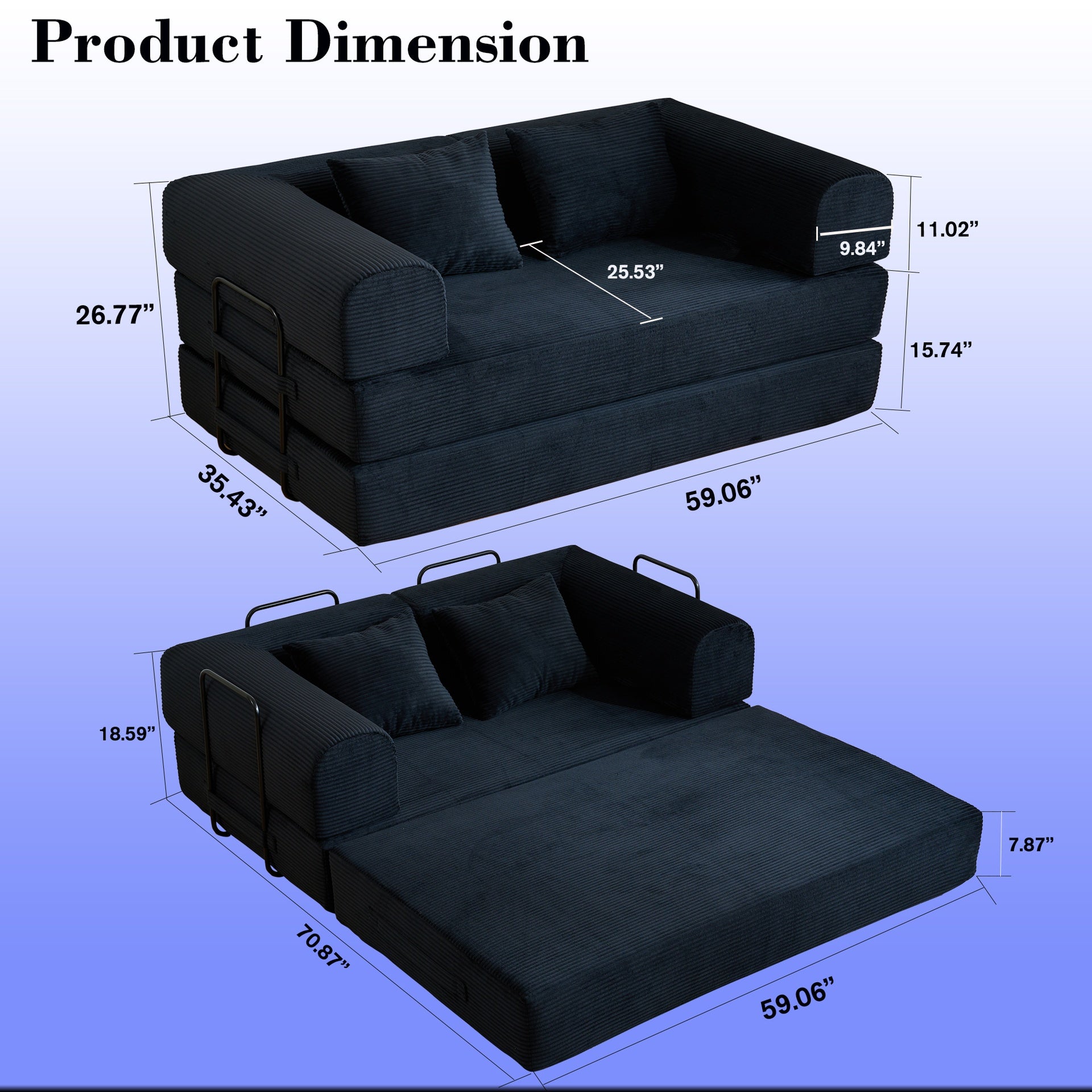 59'' Convertible Sleeper Sofa Bed with Cylindrical Pillow, Corduroy Folding Mattress Couch with Fixed-Shape Frame, Floor Sofa Lounge Couch for Living Room Bedroom (Black)