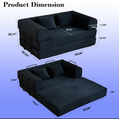 59'' Convertible Sleeper Sofa Bed with Cylindrical Pillow, Corduroy Folding Mattress Couch with Fixed-Shape Frame, Floor Sofa Lounge Couch for Living Room Bedroom (Black)