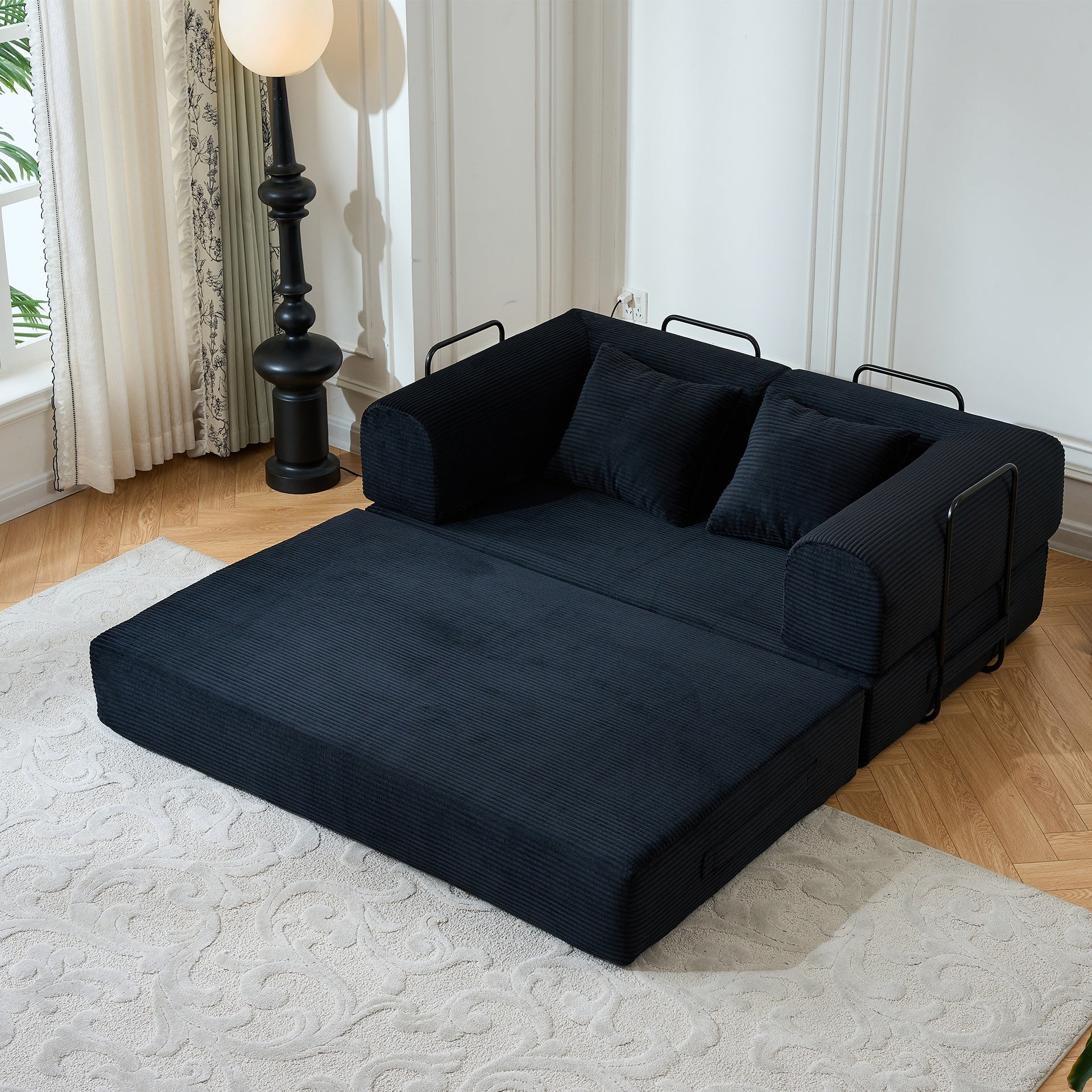 59'' Convertible Sleeper Sofa Bed with Cylindrical Pillow, Corduroy Folding Mattress Couch with Fixed-Shape Frame, Floor Sofa Lounge Couch for Living Room Bedroom (Black)