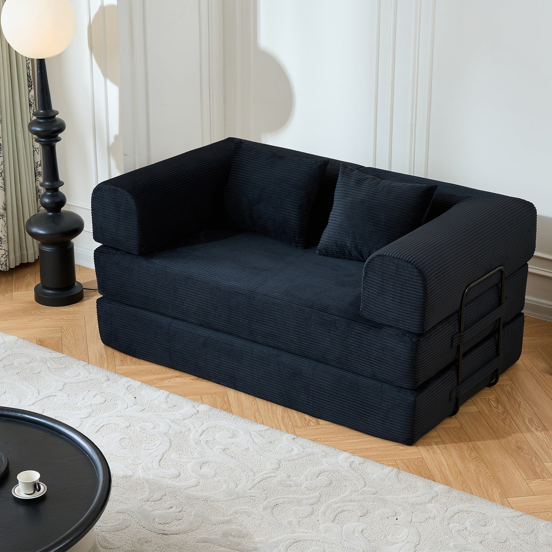 59'' Convertible Sleeper Sofa Bed with Cylindrical Pillow, Corduroy Folding Mattress Couch with Fixed-Shape Frame, Floor Sofa Lounge Couch for Living Room Bedroom (Black)