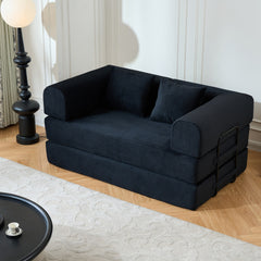 59'' Convertible Sleeper Sofa Bed with Cylindrical Pillow, Corduroy Folding Mattress Couch with Fixed-Shape Frame, Floor Sofa Lounge Couch for Living Room Bedroom (Black)