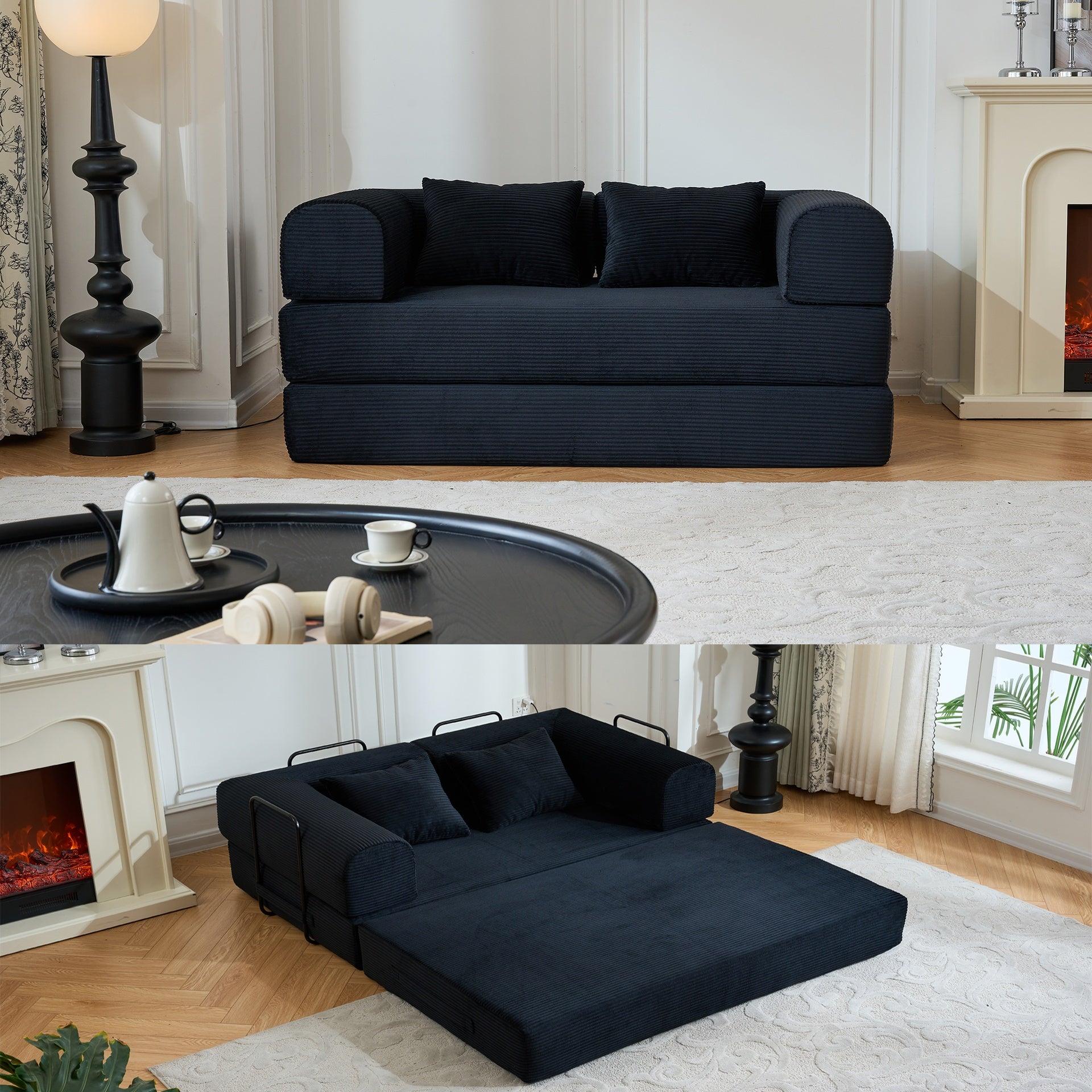 59'' Convertible Sleeper Sofa Bed with Cylindrical Pillow, Corduroy Folding Mattress Couch with Fixed-Shape Frame, Floor Sofa Lounge Couch for Living Room Bedroom (Black)