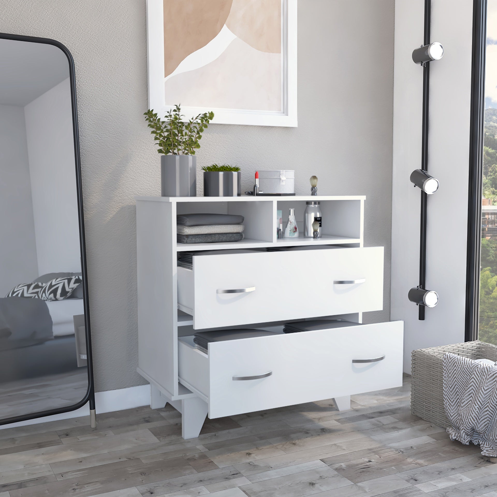 Portanova Two Drawer Dresser, Two Open Shelves, Superior Top,  Four Legs -White