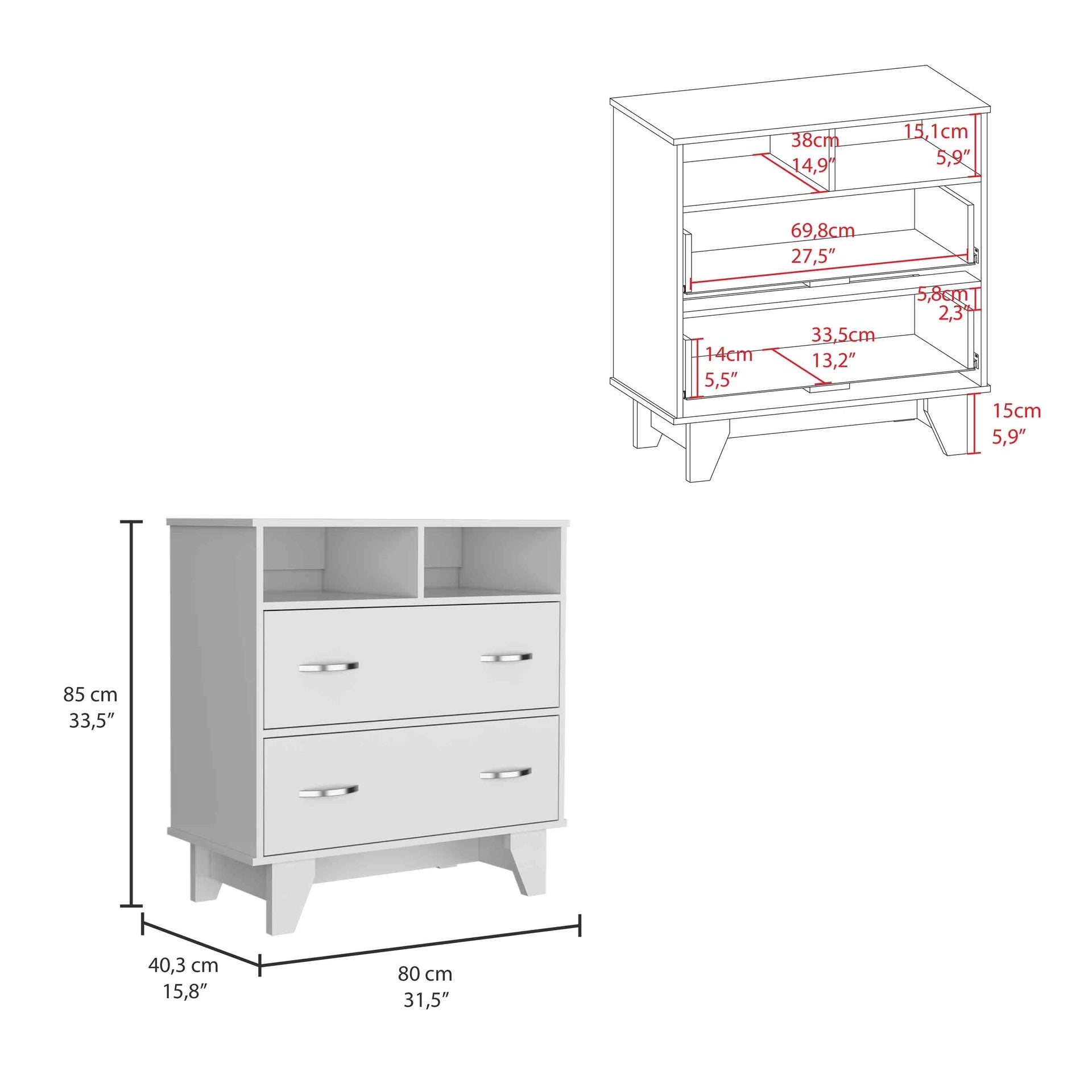 Portanova Two Drawer Dresser, Two Open Shelves, Superior Top,  Four Legs -White
