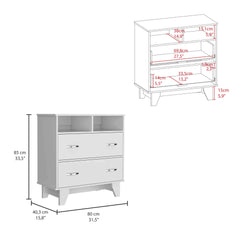 Portanova Two Drawer Dresser, Two Open Shelves, Superior Top,  Four Legs -White