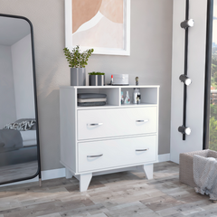Portanova Two Drawer Dresser, Two Open Shelves, Superior Top,  Four Legs -White
