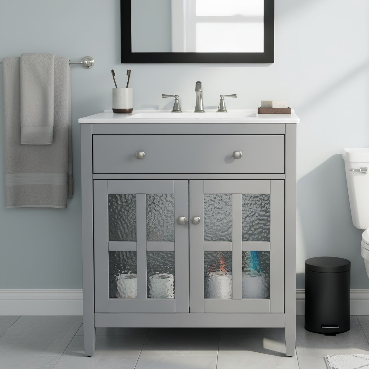 30" Bathroom Vanity with Ceramic Sink, Equipped with Adjustable Shelf and Tip-Out Tray, Bathroom vanity with Solid Wood Legs, Silver Metal Knobs and Soft Close Hinges, Gray