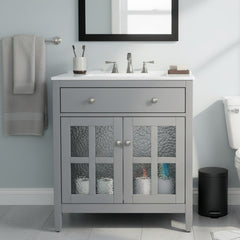 30" Bathroom Vanity with Ceramic Sink, Equipped with Adjustable Shelf and Tip-Out Tray, Bathroom vanity with Solid Wood Legs, Silver Metal Knobs and Soft Close Hinges, Gray