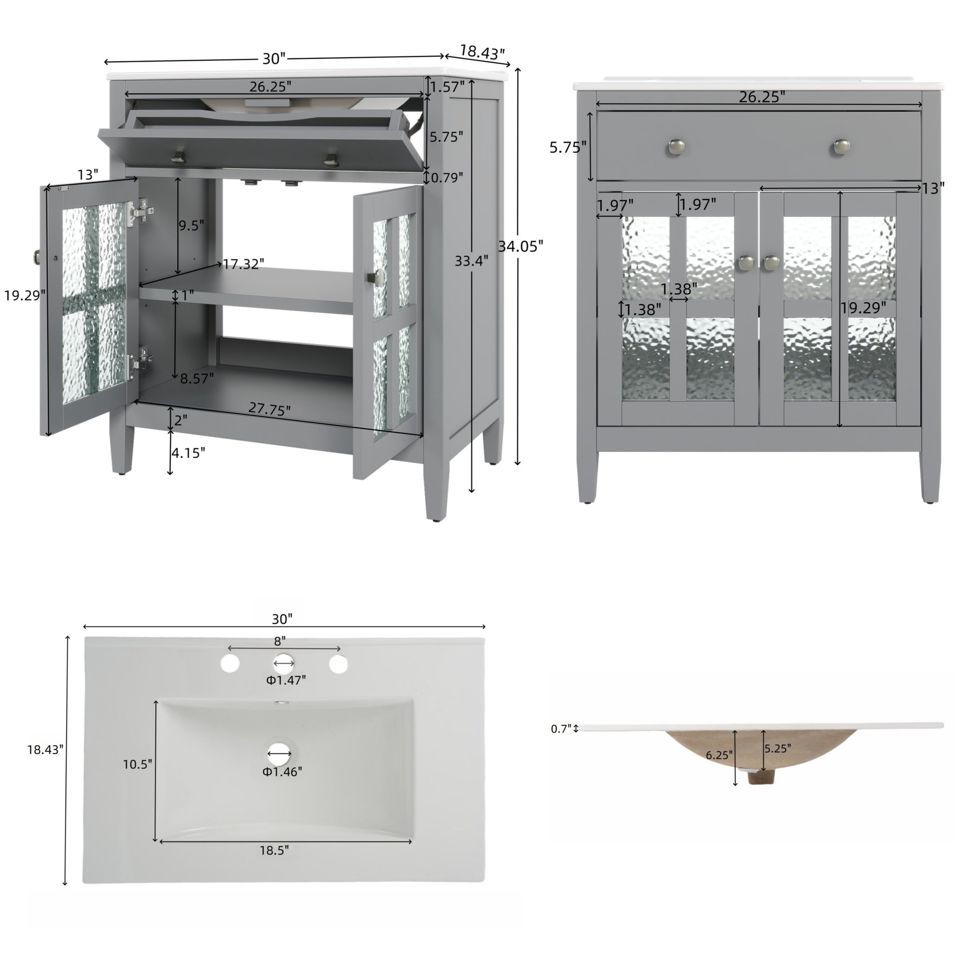 30" Bathroom Vanity with Ceramic Sink, Equipped with Adjustable Shelf and Tip-Out Tray, Bathroom vanity with Solid Wood Legs, Silver Metal Knobs and Soft Close Hinges, Gray