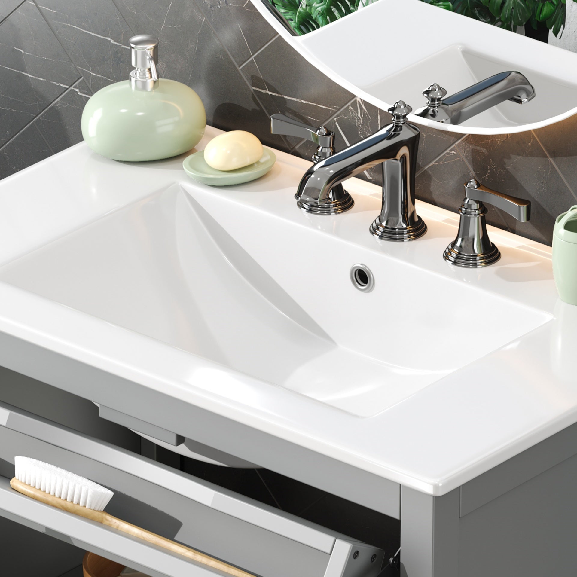 30" Bathroom Vanity with Ceramic Sink, Equipped with Adjustable Shelf and Tip-Out Tray, Bathroom vanity with Solid Wood Legs, Silver Metal Knobs and Soft Close Hinges, Gray