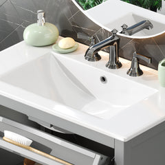 30" Bathroom Vanity with Ceramic Sink, Equipped with Adjustable Shelf and Tip-Out Tray, Bathroom vanity with Solid Wood Legs, Silver Metal Knobs and Soft Close Hinges, Gray