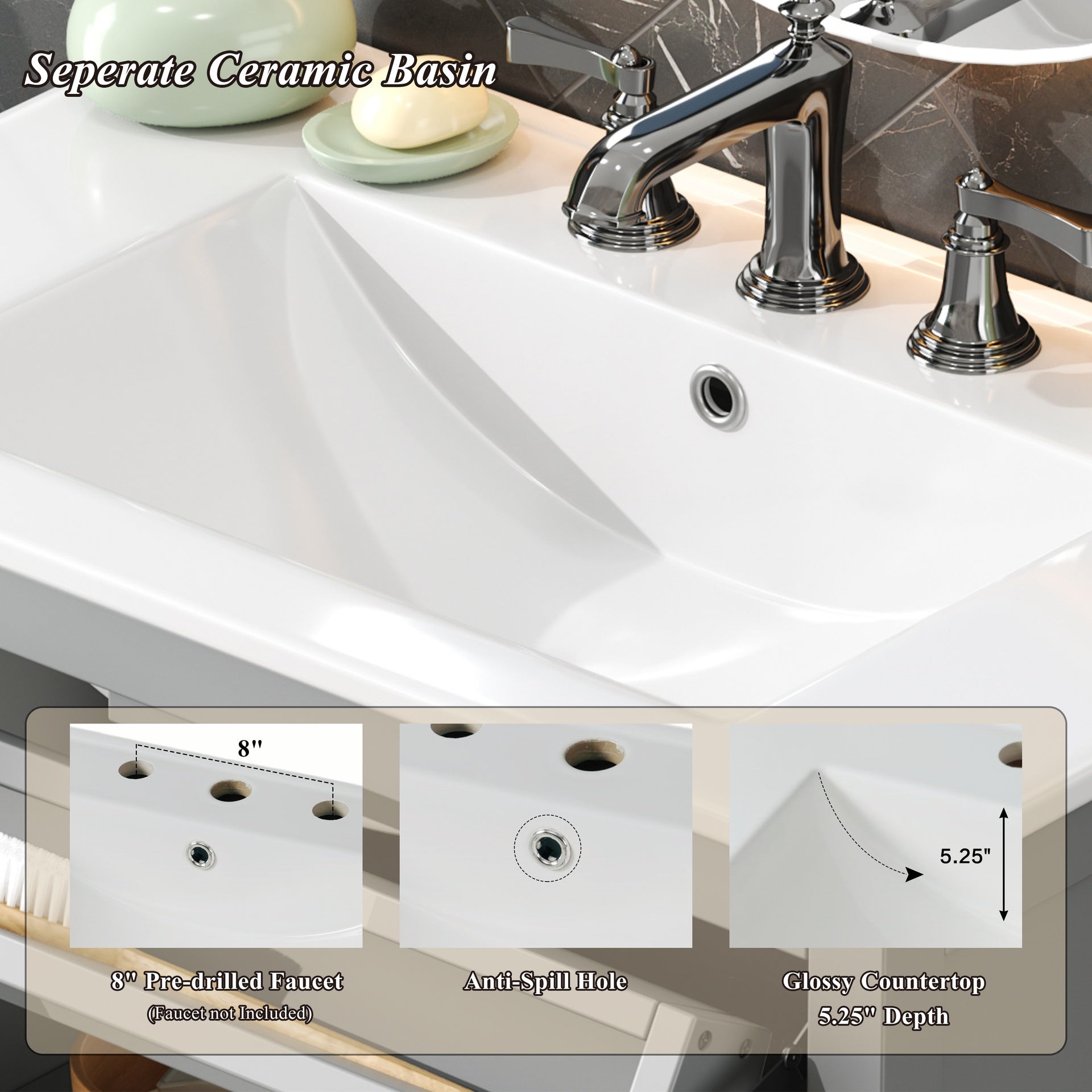 30" Bathroom Vanity with Ceramic Sink, Equipped with Adjustable Shelf and Tip-Out Tray, Bathroom vanity with Solid Wood Legs, Silver Metal Knobs and Soft Close Hinges, Gray