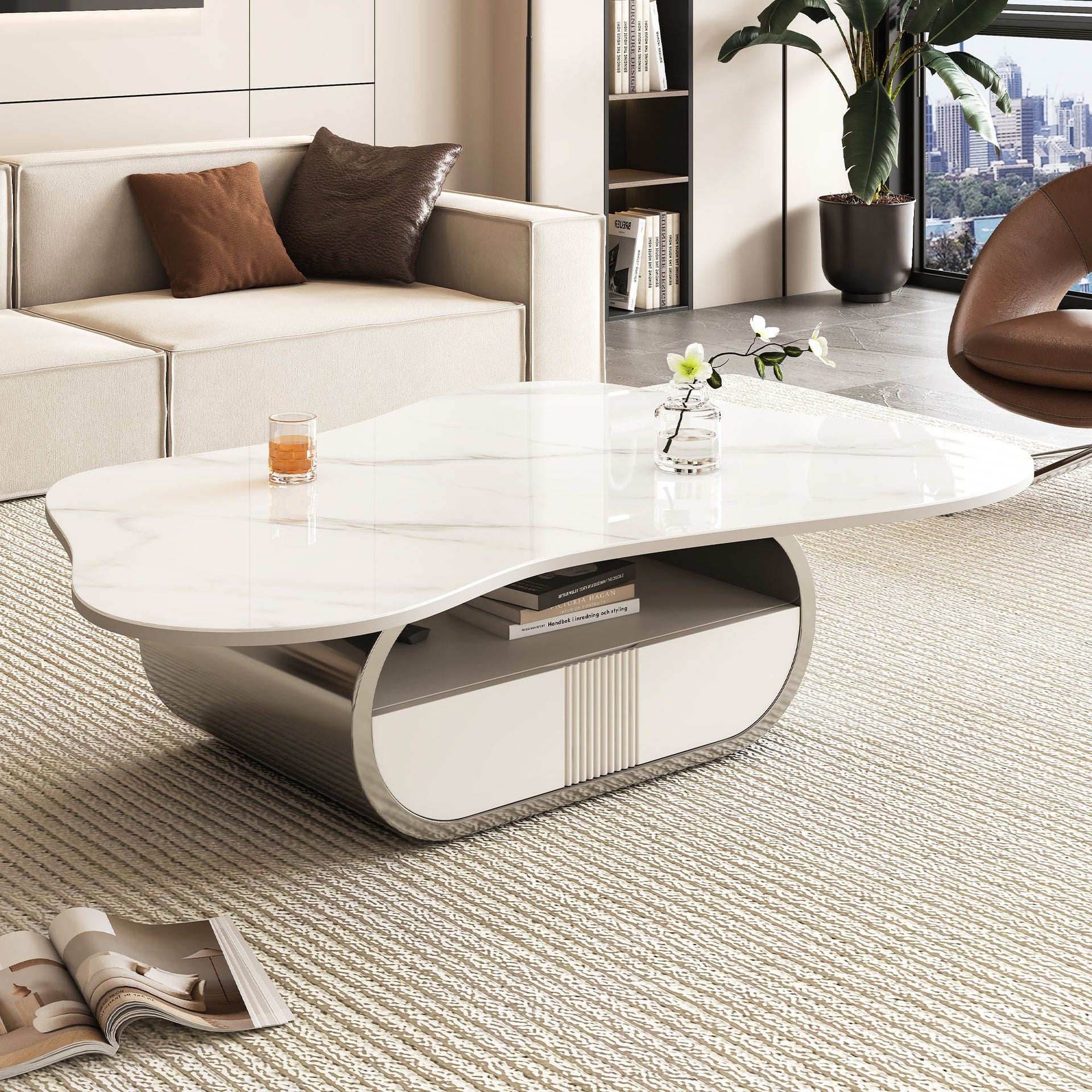 Modern Butterfly Coffee Table with Sintered Stone Top – Oval Center Table with Storage Shelf & Drawer, Stainless Steel Base & MDF Cabinet