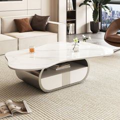 Modern Butterfly Coffee Table with Sintered Stone Top – Oval Center Table with Storage Shelf & Drawer, Stainless Steel Base & MDF Cabinet