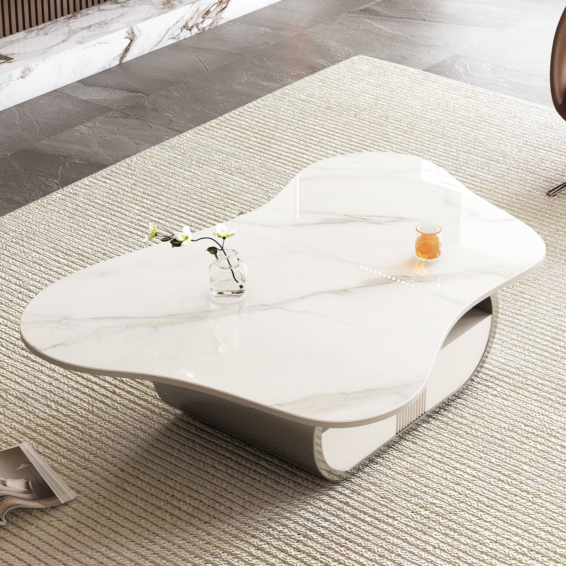 Modern Butterfly Coffee Table with Sintered Stone Top – Oval Center Table with Storage Shelf & Drawer, Stainless Steel Base & MDF Cabinet