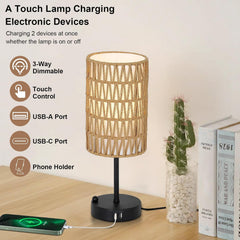 Touch Table Lamp For Bedroom with Bulb, Boho Small Desk Lamp For Living Room With Rattan & Linen Shade, 3 Way Dimmable Bedside Table Lamp For Nightstand With USB Charging Port & Phone Stand For Office