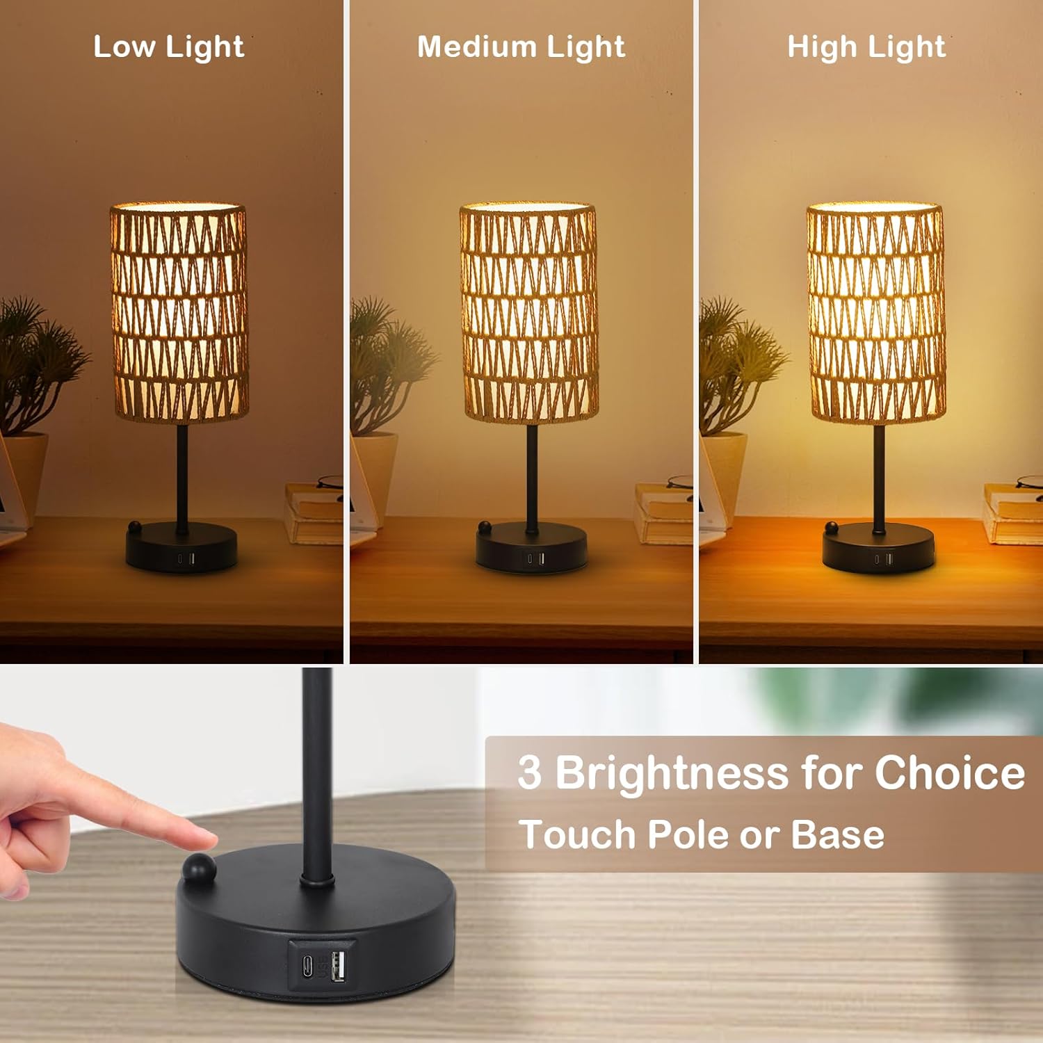 Touch Table Lamp For Bedroom with Bulb, Boho Small Desk Lamp For Living Room With Rattan & Linen Shade, 3 Way Dimmable Bedside Table Lamp For Nightstand With USB Charging Port & Phone Stand For Office