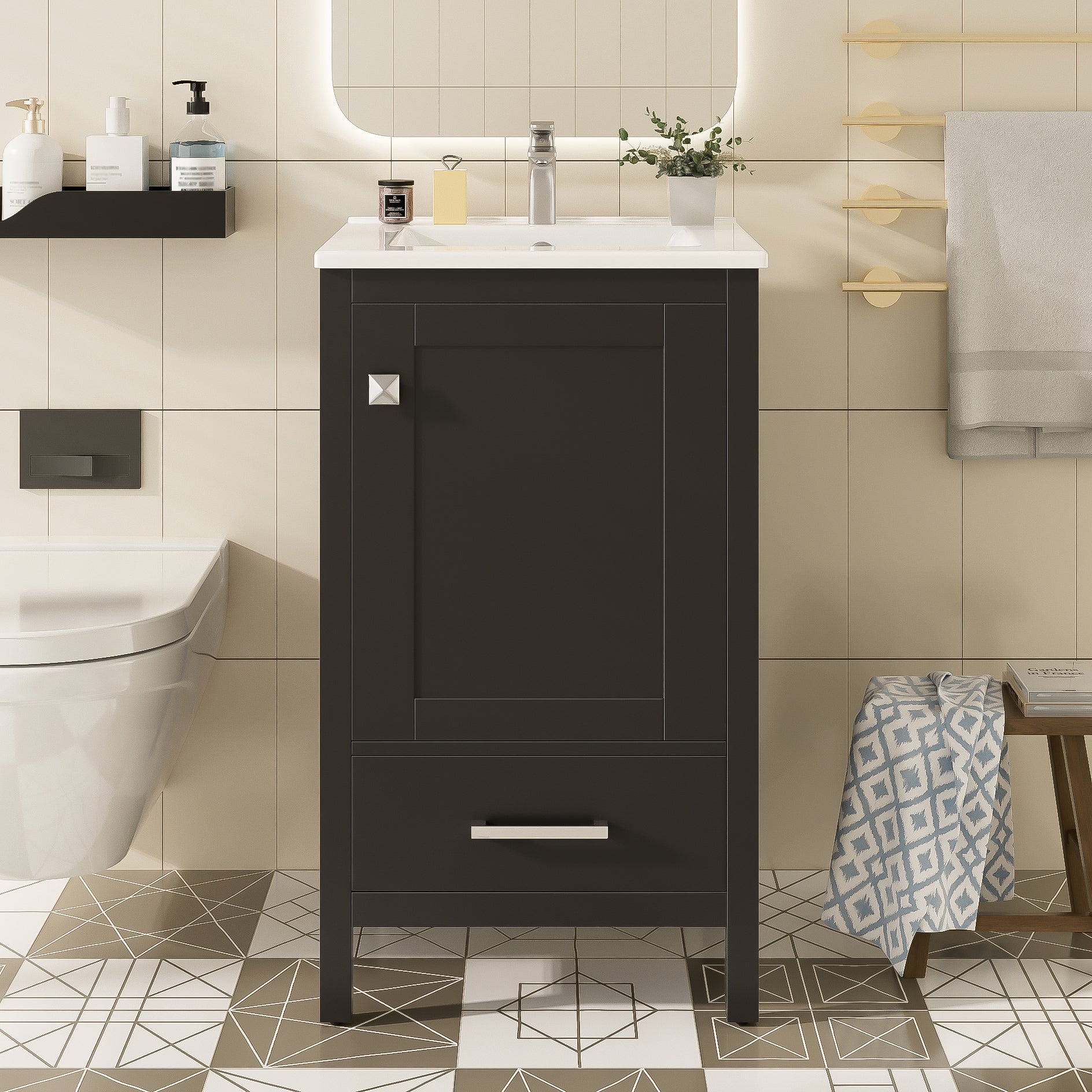 20-Inch Modern Bathroom Vanity with Ceramic Sink, Soft-Close Drawer & Door, Double-Layer Door Organizer, Divider Drawer, Adjustable Foot Pads – Space-Saving Storage Design