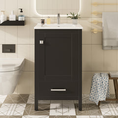 20-Inch Modern Bathroom Vanity with Ceramic Sink, Soft-Close Drawer & Door, Double-Layer Door Organizer, Divider Drawer, Adjustable Foot Pads – Space-Saving Storage Design
