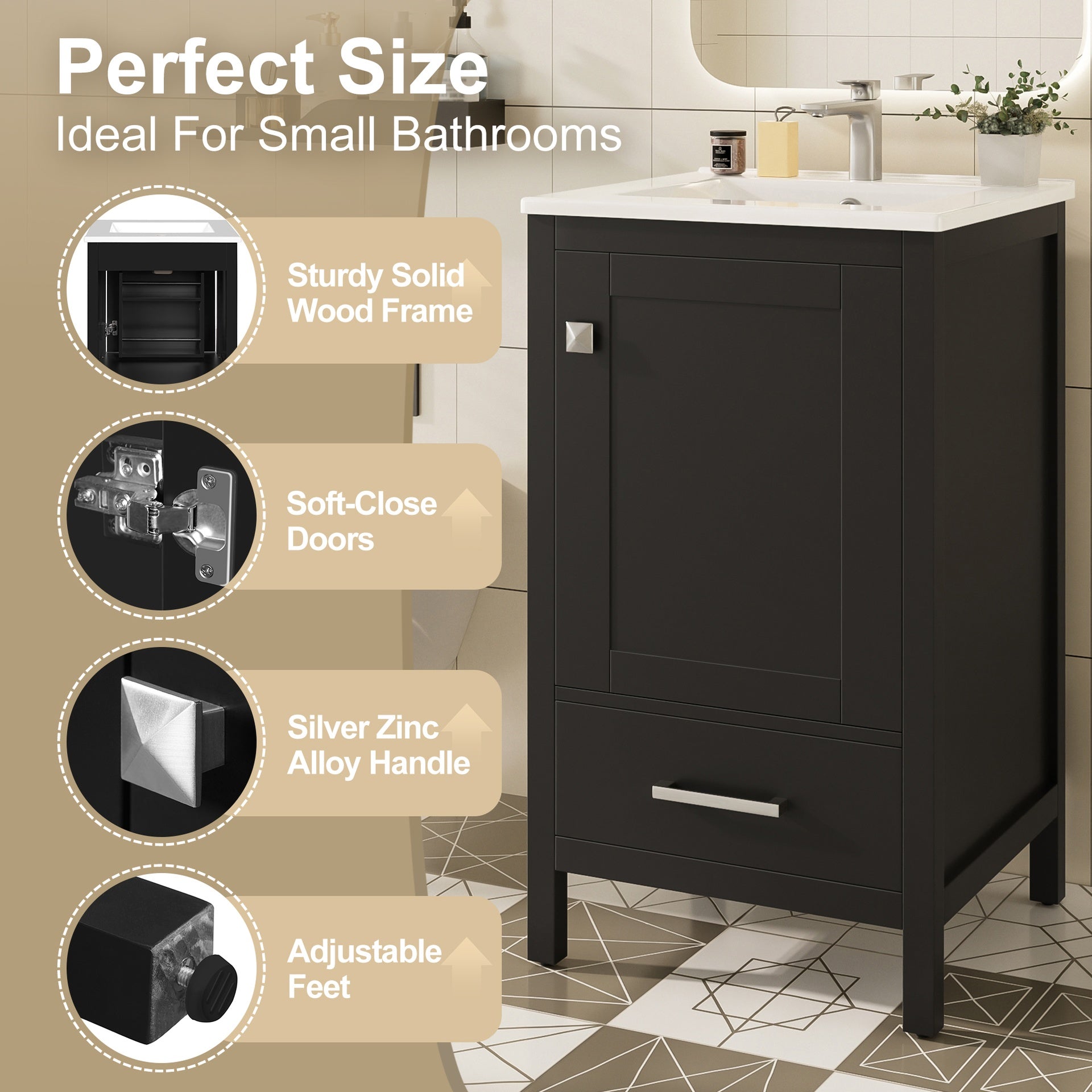 20-Inch Modern Bathroom Vanity with Ceramic Sink, Soft-Close Drawer & Door, Double-Layer Door Organizer, Divider Drawer, Adjustable Foot Pads – Space-Saving Storage Design