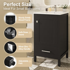 20-Inch Modern Bathroom Vanity with Ceramic Sink, Soft-Close Drawer & Door, Double-Layer Door Organizer, Divider Drawer, Adjustable Foot Pads – Space-Saving Storage Design