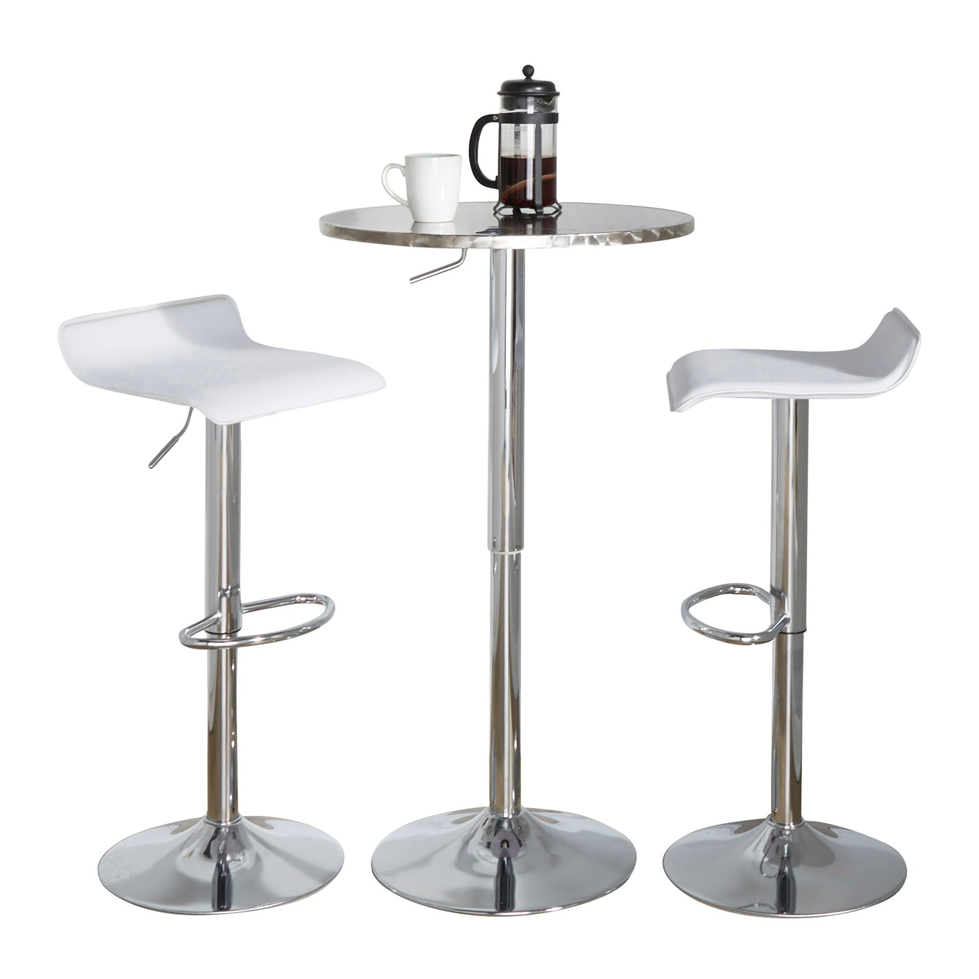 Bistro Round-Ale Contemporary Adjustable Bar Set in Silver and Chrome Metal with White PVC and Oval Footrest by LumiSource - 3 Piece