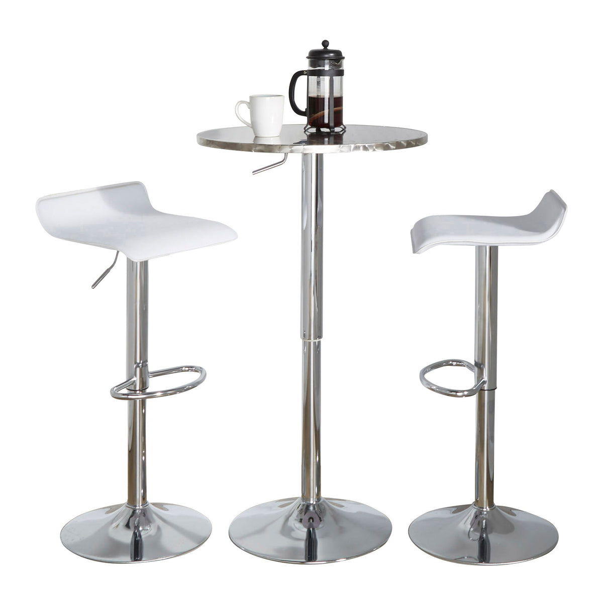 Bistro Round-Ale Contemporary Adjustable Bar Set in Silver and Chrome Metal with White PVC and Oval Footrest by LumiSource - 3 Piece